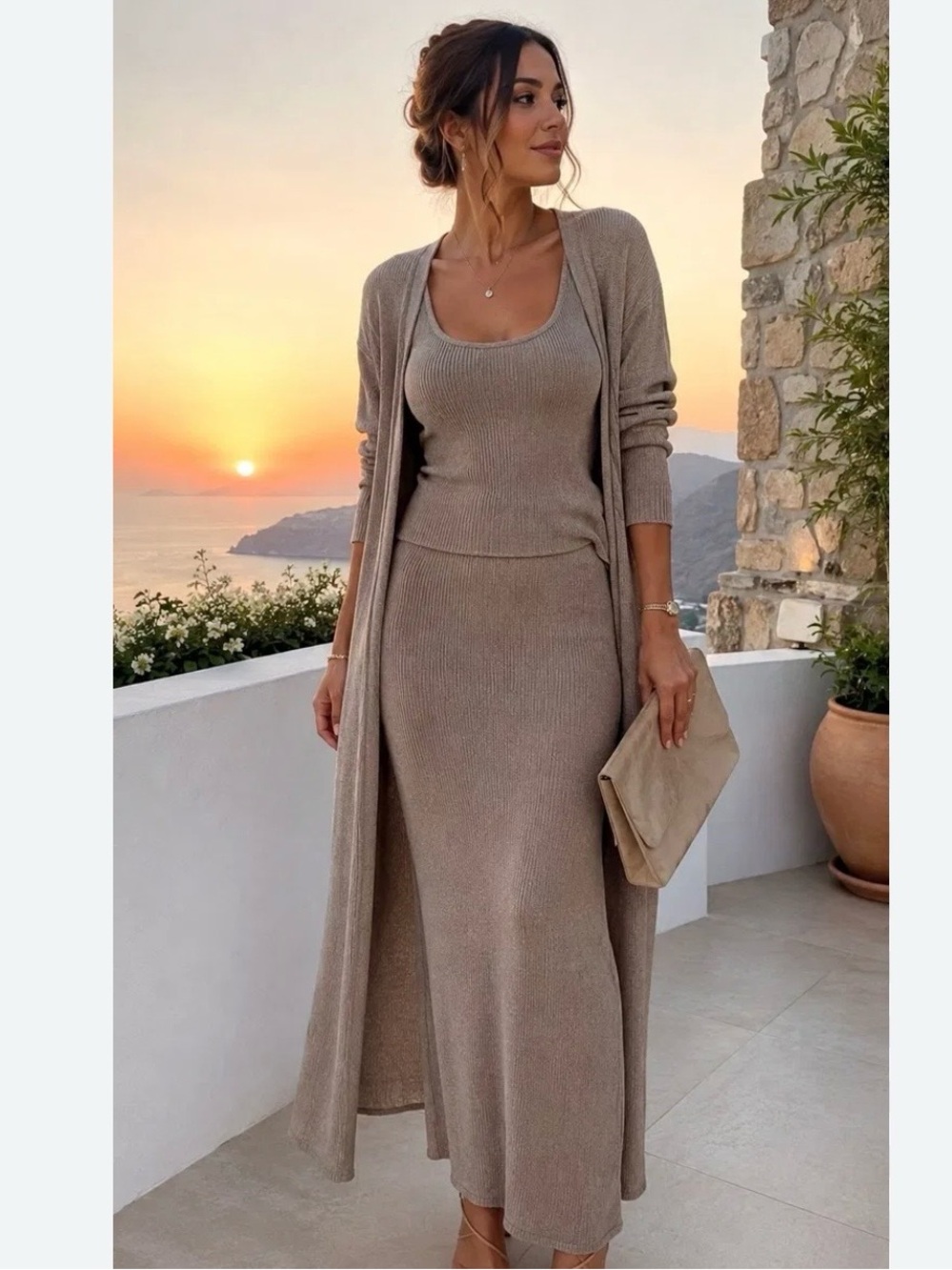 Capelli of New York Ribbed Open-Front Duster Cardigan - Taupe